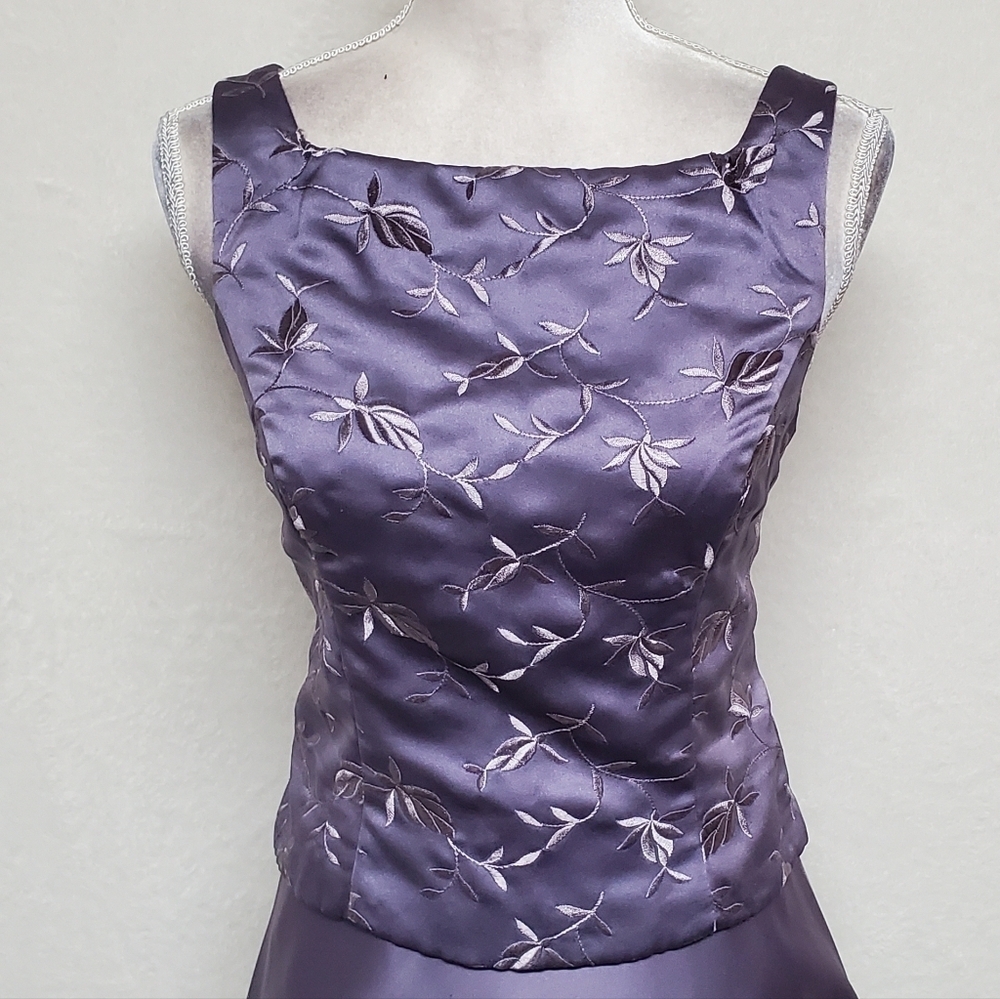 80s Vintage Royal Purple Floral Embroidered Boatneck A-line Two-Piece Maxi Dress - Picture 5 of 14